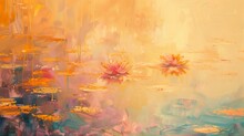 Abstract Oil Painting, Water Lilies Impression, Soft Pastels, Golden Hour, Close-up, Serene Water Effect.
