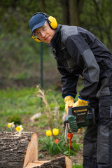 Wall Mural - A man in uniform cuts an old tree in the yard with an electric saw