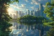 Futuristic solar panels integrated into urban landscapes, Sunlight bathes modern skyline reflected in calm lake, green foliage frames tranquil urban dawn, peaceful coexistence of nature