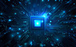 © Spaces - 3d rendered CPU and circuit board with abstract light.Powerful computer processor concept.
