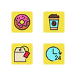Coffee shop desserts line icon collection. Donut, glass of hot drink to go, package, discount, 24 hours a day. 24 hour cafe concept. Can be used for topics like sweet food, bakery, cafe