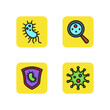 Laboratory line icon set. Star-shaped bacteria, cell, virus through magnifying glass, germ in shield. Science concept. Can be used for topics like research, biotechnology, medicine