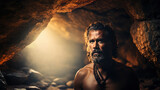Fototapeta Sypialnia - Prehistoric caveman in a cave