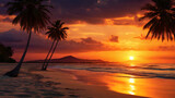 Fototapeta  - Tropical seaside paradise, palm trees and sandy beach at tourist resort in sunset