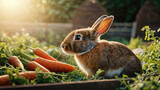 Fototapeta Młodzieżowe - Rabbit in vegetable garden by the basket full of carrots