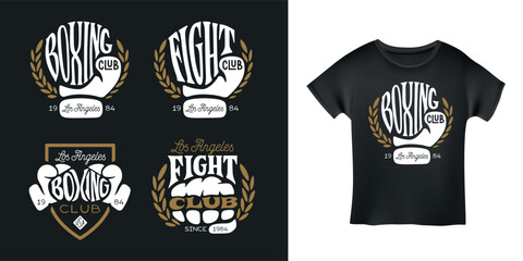 Wall Mural - Boxing club labels emblems badges set. Fight club related design elements for prints, logos, posters. Vector vintage illustration.