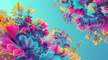 Joyful Chaos Of Fractals In Sunny Yellow, Magenta, And Turquoise Against Sky Blue.