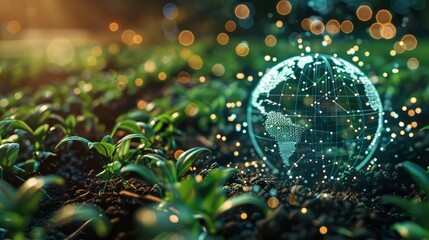 Poster - A green planet is surrounded by a field of plants. The planet is surrounded by a network of lights, giving it a futuristic appearance