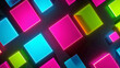 A vibrant neon patchwork of squares in pink, blue, and green dances on a black backdrop, alive with light.