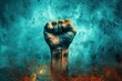 Fist of a man in the fire on a blue background.