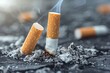 Cigarette butts smoldering in ash, toxic smoke and unhealthy addiction concept