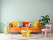 Living room in modern style with orange sofa and pink chair on green wall background.3d rendering