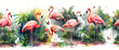 Pattern wallpaper watercolor painting of a flamingo in the middle of tropical lakes in bright colors .