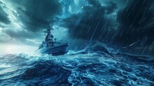 A Lone Ship Sails Through A Stormy Sea.