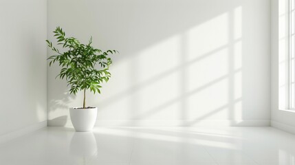 Wall Mural - A stark white room with a single, vibrant green plant in the corner, the simplicity of the scene emphasizing the beauty of solitary elements.