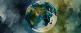 Fototapeta  - Earth Day Watercolor: Ultra Realistic Gaia Palette Depiction of Space Viewed Earth, Highlighting Blues and Greens in Greeting Cards Theme