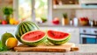 A selection of fresh fruit: watermelon, sitting on a chopping board against blurred kitchen background; copy space
