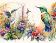 Watercolor painting pattern of a hummingbird with flowers and roses in a landscape - used for wall painting