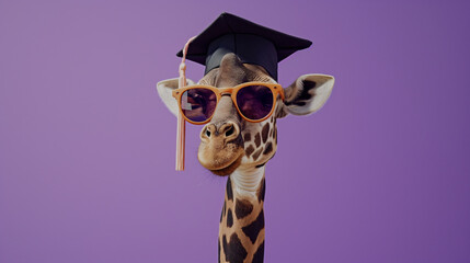 Hipster giraffe rocks oversized sunglasses and tilted graduation cap against vibrant purple backdrop. Perfect for education and graduation concepts