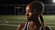 A close up of muscular black woman posing after sport training at the athletic field