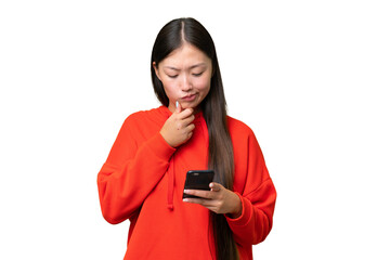 Wall Mural - Young Asian woman over isolated background stressed overwhelmed