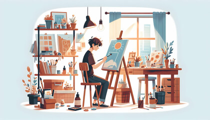 Simple flat vector illustration of an artist painting in a natural light-filled studio with scattered art supplies, capturing the candid daily environment and routine of work. Isolated on white backgr