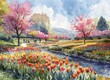 A painting of a park with a path and a river. The flowers are in full bloom and the sky is blue