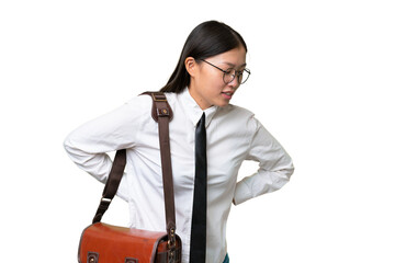 Wall Mural - Young Asian business woman over isolated background suffering from backache for having made an effort