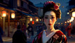 A geisha in a bright red kimono walks down the busy city street