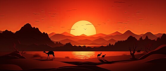 Wall Mural - Realistic paper-cut depiction of camels in a desert landscape at sunset, minimalist 3D style,