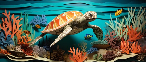 Wall Mural - Realistic paper-cut style of a turtle in a coral reef, minimalist 3D ocean scene,