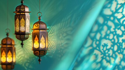 Wall Mural - Ramadan Kareem with golden crescent moon, golden lantern, islamic decorative elements template