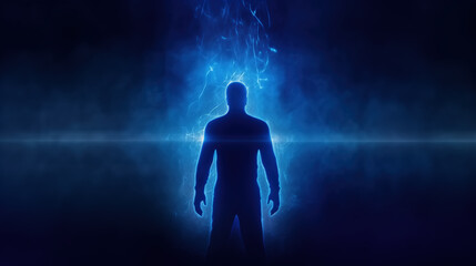 Wall Mural - Shining blue light surrounding the person. Silhouette of a man on dark background, with blue electrical energy glowing around the body. Biofield, aura, energy field concepts.