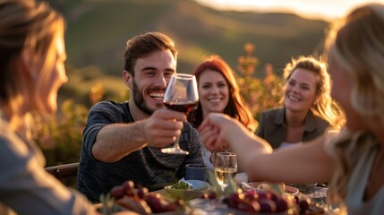 Canvas Print - Friends Toasting Wine Outdoors