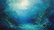 Abstract, underwater scene, oil painting, aquatic blues and greens, twilight, panoramic, tranquil depths. 