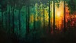 Abstract, forest sunset, oil painting, deep greens and reds, evening, low angle, light shafts. 