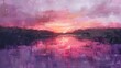 Abstract oil painting, lake at sunset, oil effect, tranquil purples and pinks, dusk, wide angle, serene water.