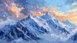 Oil paint, snowy peaks at sunrise, pastel hues, dawn, panoramic, crisp edges. 