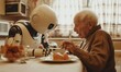 Elderly man eating at home with a robot companion sitting across the table