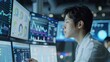 © Samon - Financial data analytics lab, analysts studying behavior patterns, wide shot, detailed and insightful