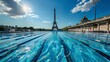 Olympic pool with the Eiffel Tower in the background during the day