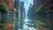 Climate Change: A 3D vector illustration of a flooded city street