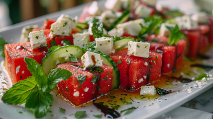 Watermelon feta salad on a plate.