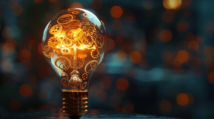 Wall Mural - Creativity and Design: A 3D vector illustration of a lightbulb with gears and cogs inside