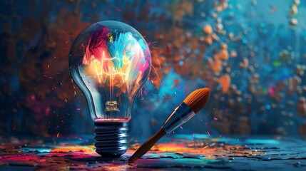 Wall Mural - Creativity and Design: A 3D vector illustration of a lightbulb with a paintbrush inside