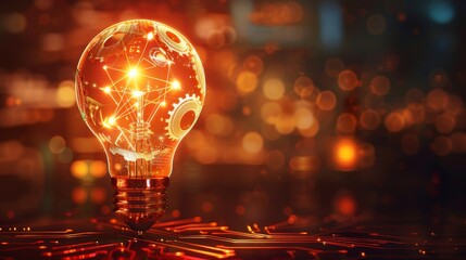 Wall Mural - Creativity and Design: A 3D vector illustration of a lightbulb with gears and a computer chip inside