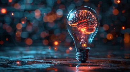 Wall Mural - Creativity and Design: A 3D vector illustration of a lightbulb with a brain inside