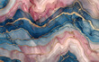 Ripple pattern layers of agate and marble background in gold, pink and blue color. 