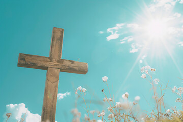 Wall Mural - Serene Wooden Cross Silhouette Against Radiant Sky