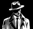 Portrait of detective man in retro hat. Agent with newspaper. Secret surveillance. Investigation and search for evidence. Retro comic style. Vector black and white illustration. Hand drawn sketch